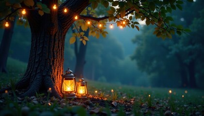 Lanterns surround a tree with twinkling lights, Cozy Ambiance, Twinkling Lights, Forest Glade