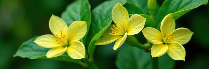 Obraz premium Long yellow stamens contrast with dark green foliage on Philadelphus, scentless mock orange, dark green leaves
