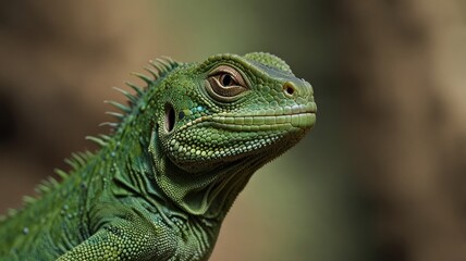 Obraz premium Close-up of a vibrant green lizard with spiky scales, showcasing its detailed texture and intense gaze.
