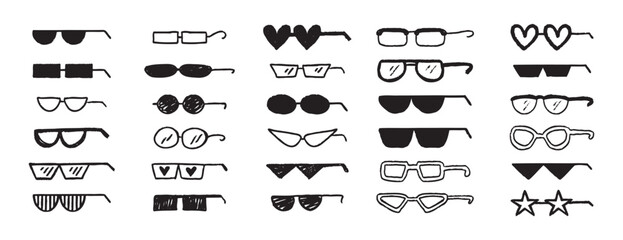 Thug glasses. Cool glasses graffiti grunge black sunglasses set, brush scribble hand drawn doodle elements