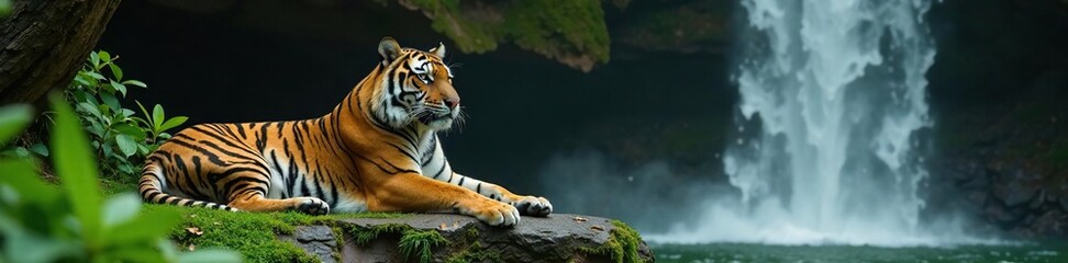 Obraz premium Majestic Bengal tiger lying on mossy rock near waterfall in jungle habitat, scenery, tigers, calm