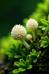 Macro fungi white dots on moss green background, fungal growth, algae growth