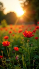 Obraz premium Morning sun casts long shadows across a quiet landscape with red flower in focus, flowers, morning