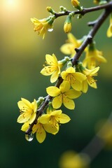 Morning dew glistens on frothy forsythia branches and delicate flowers, blooming trees, flower details