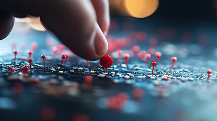 A hand picking up a red pushpin from a collection spread across a desk.