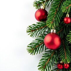 Fototapeta premium Ornamented pine branch with red berries on white background, holiday decor, festive, winter wonderland