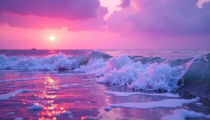 Fototapeta premium Soft pink and purple hues dance in the air as gentle waves roll on the shore, atmospheric, purple