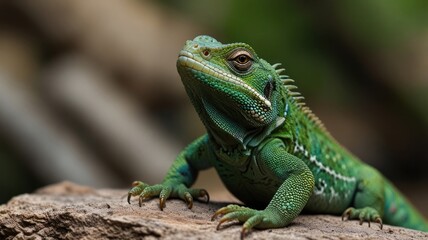 Obraz premium Close-up of a vibrant green lizard perched on a rock, basking in sunlight.