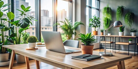 Fototapeta premium Modern Office Workspace: Desk with Laptop, Plants, and Copy Space