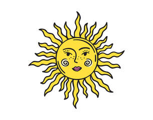 Sun face doodle element. Mystical yellow cartoon whimsical boho style sun, sunshine space cosmic line icon.