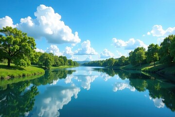 Obraz premium The river's calm surface reflects the blue sky above, cloudless sky, river reflection