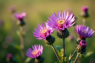 Obraz premium Thistle flowers in the wild with golden center, botanical, meadow, purple