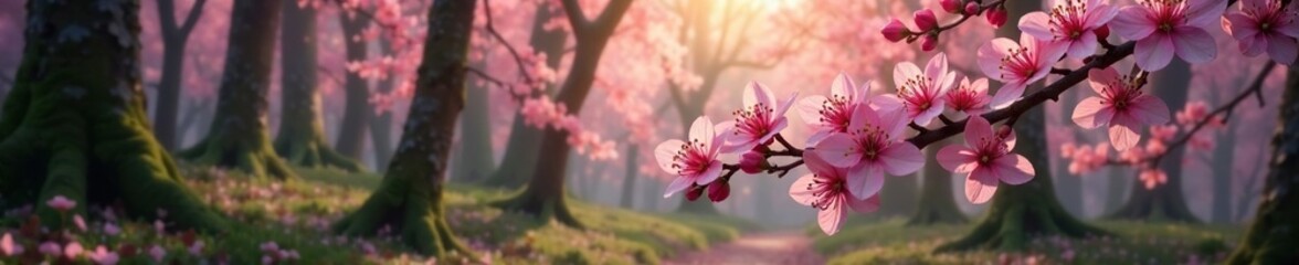 Fototapeta premium Tree blossoms with pink flowers in the forest, trees in bloom, forest floor, nature photography