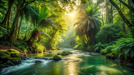 Primeval Rainforest River: Lush Tropical Morning Light Photography