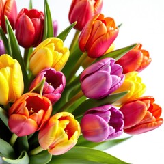 Vibrant tulips in a bouquet with a mix of red, yellow, pink, orange and purple shades, tulip arrangement, floral arrangement