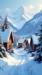 Fototapeta premium A snowy village scene with snow-covered houses and trees, cold weather, traditional architecture, snowy terrain