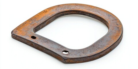 Single, rustic metal horseshoe placed flat on a white background.