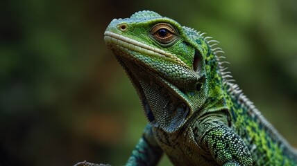 Obraz premium Close-up of a vibrant green lizard with intricate scales, perched on a blurred natural background.