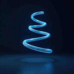 A spiral-shaped filament made of blue-colored wire is suspended in mid-air within a dark environment, abstract concept, suspended filament