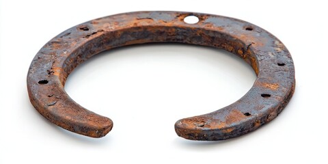 Single, rustic metal horseshoe placed flat on a white background.