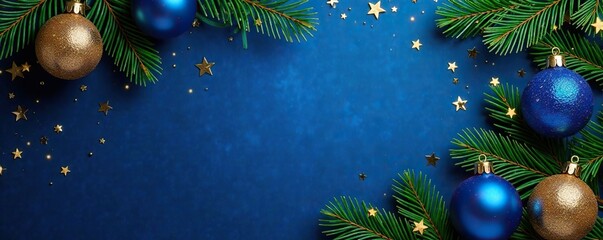Blue background with gold ornaments and starry night scene featuring pine branches, blue and gold decorations, holiday decor