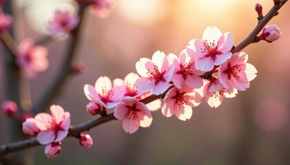 Obraz premium Cherry blossoms on a bare branch in warm sunlight, nature, nature landscape, foliage