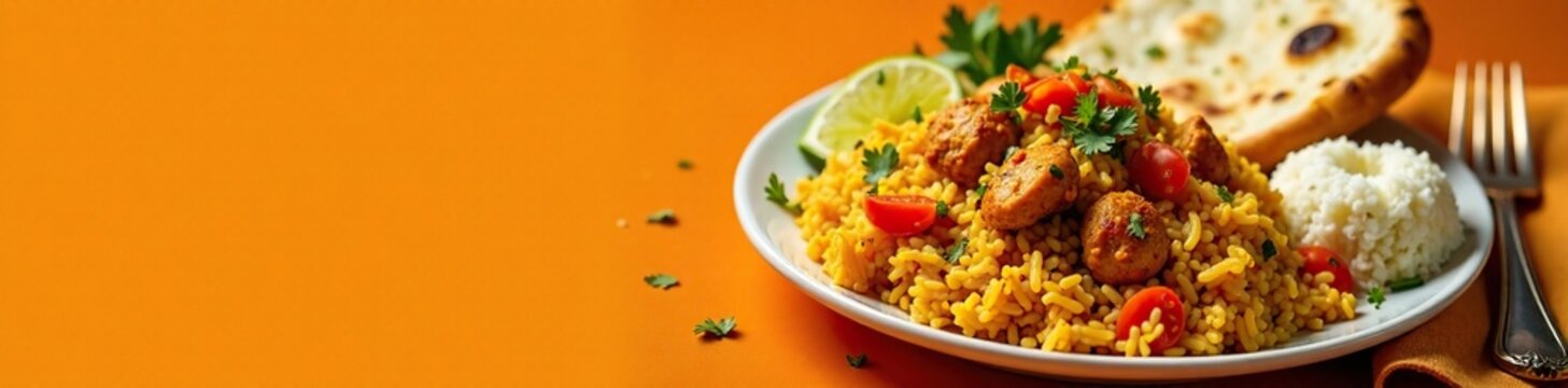 Chicken bryani fried rice served with a side of steamed basmati rice and naan bread, utensils, orange background