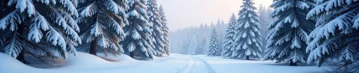 Naklejka premium Dense snow-covered forest with tall trees and soft, white flakes gently falling from the sky, cold weather, frosty atmosphere, frosty trees