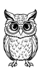 Fototapeta premium “Curious Owl with Oversized Glasses Outline Only, No Fill Color, Thicker Line” – A doodle of an owl with oversized round glasses, outlined with thick lines and no fill color on a white background. 