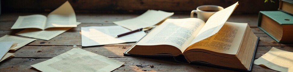 Fototapeta premium Empty book on a wooden desk with scattered papers, wooden, messy, scattered