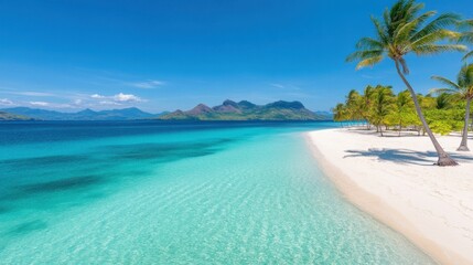 Naklejka premium A beautiful beach with a palm tree in the foreground