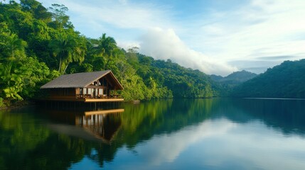 Obraz premium A small wooden house sits on a dock in front of a lake