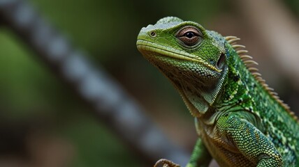 Obraz premium Close-up of a green lizard on a branch.