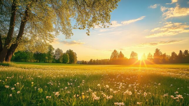 spring meadow landscape with trees at sunrise