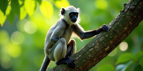 Obraz premium Grey langur with black feet playing in a tree, play, monkey