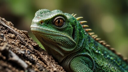 Obraz premium Close-up of a vibrant green lizard on a tree trunk.