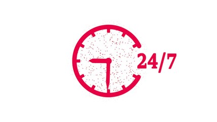 24/7 clock animation, The concept of time travel with particles, all time service concept, analog watch animation on white background