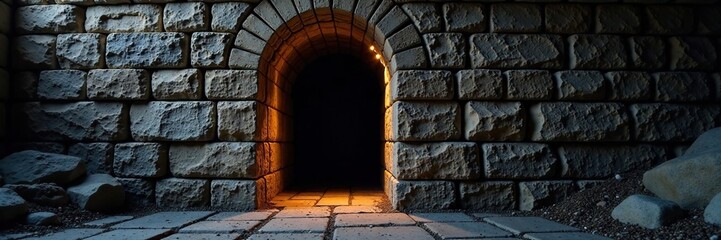 Narrow, dimly lit window in a fortress wall with stone blocks and mortar, stone block, architectural element