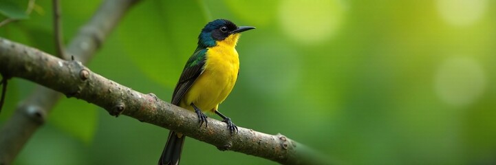 Fototapeta premium Olive backed sunbird perched on a large branch, with its long tail feathers extended, pattern, perch