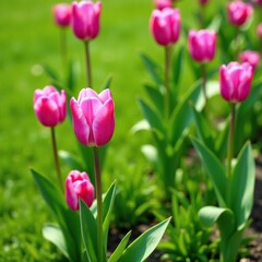 Fototapeta premium Pink and purple tulips growing among the grass, flower, nature