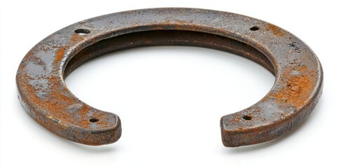 Vintage horseshoe with slight wear and rust on a white background.