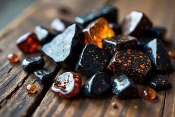 Shilajit pieces spread out on a wooden surface, glistening in the light, shilajit, mineralogy, rock formations