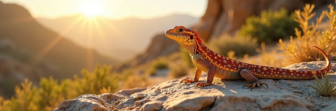 Saara agamid lizard basking in the sun with a rocky outcrop in background, sunlight, landscape