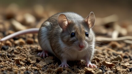 Close-up of a small, grey mouse on the ground.