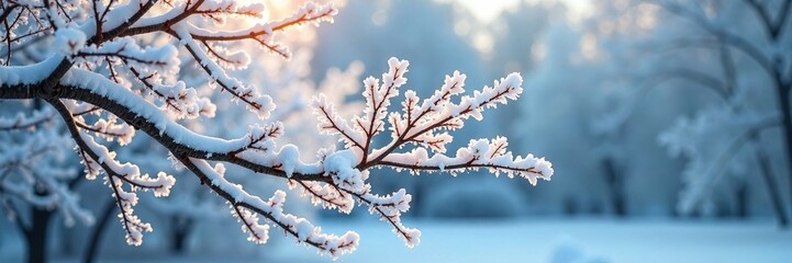 Snow-covered tree branches with frosty leaves, tree, frost