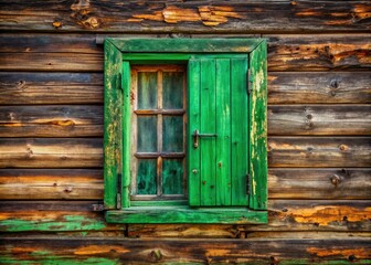A rustic green cabin window, aged wood, textured and closed, offers copy space; vintage charm in rustic photography.