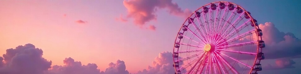 Softly glowing Ferris wheel against a pinkish sunset sky with fluffy white clouds, cloudy, soft focus
