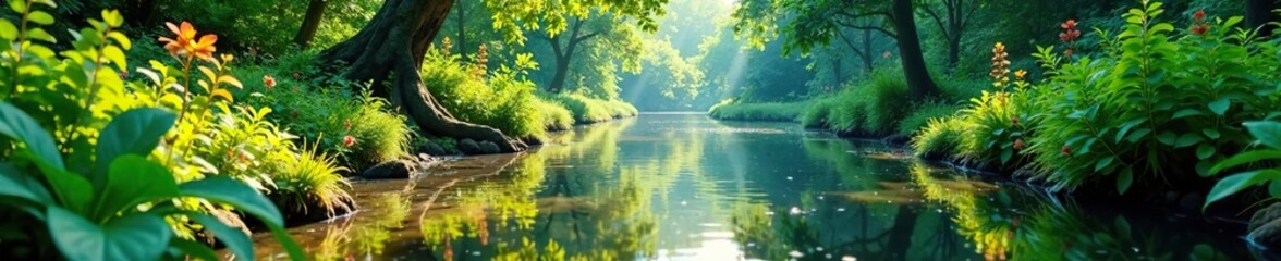 Fototapeta premium Summer scene with an overgrown riverbank and a variety of aquatic plants, foliage, overgrowth