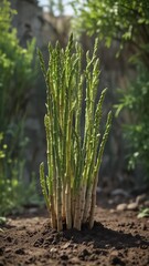 Obraz premium Steady growth of asparagus plant in the garden, leaves, flowers