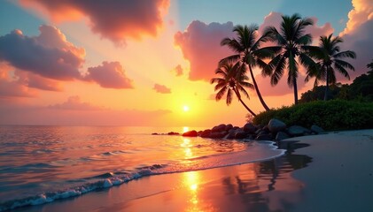 The serene and idyllic scene of palm trees on a tranquil sea at sunset, serenity, natural scenery